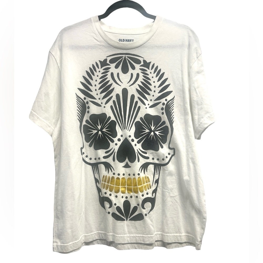 Sugar Skull Tshirt with gold metallic teeth Size XL